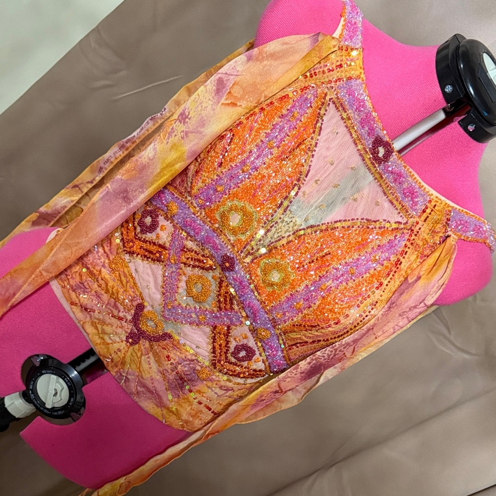 Embellished Beaded Halter Top in Orange & Pink